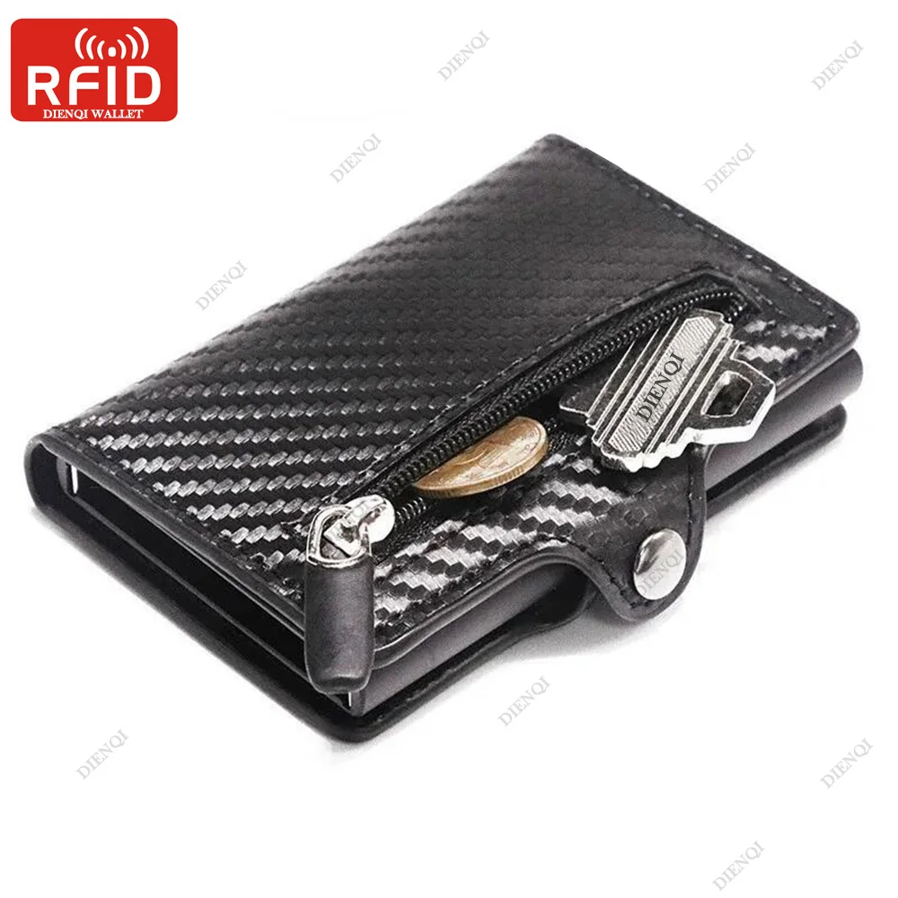 DIENQI Carbon Rfid Wallet Male Money Card Holder Pocket Mini Slim Wallet Women Men Smart Purses Automatic Pop Up Valet Walet