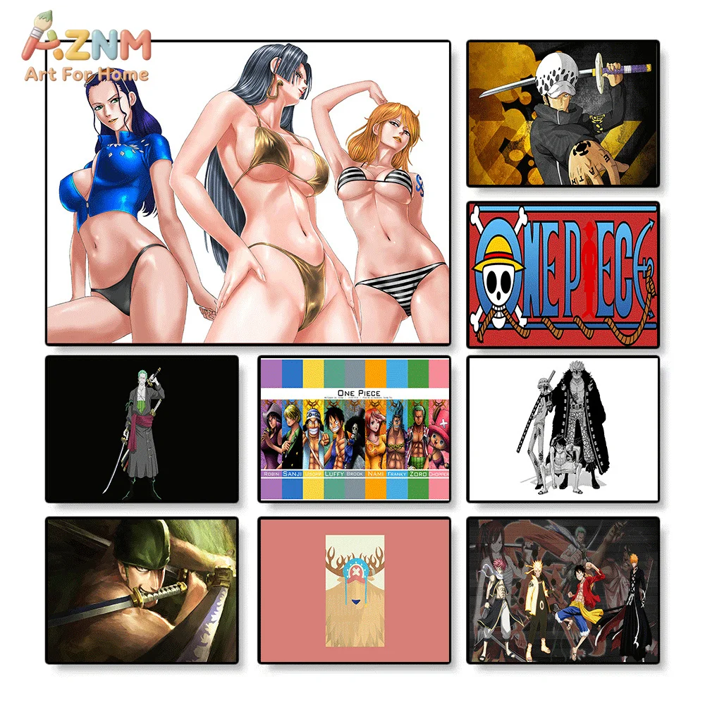 AZNM Lienzo Decorativo de Anime One Piece, Impresión HD sin Marco de Nami, Nico Robin, Roronoa Zoro, Trafalgar Law y el Equipo, Pintura en Lienzo