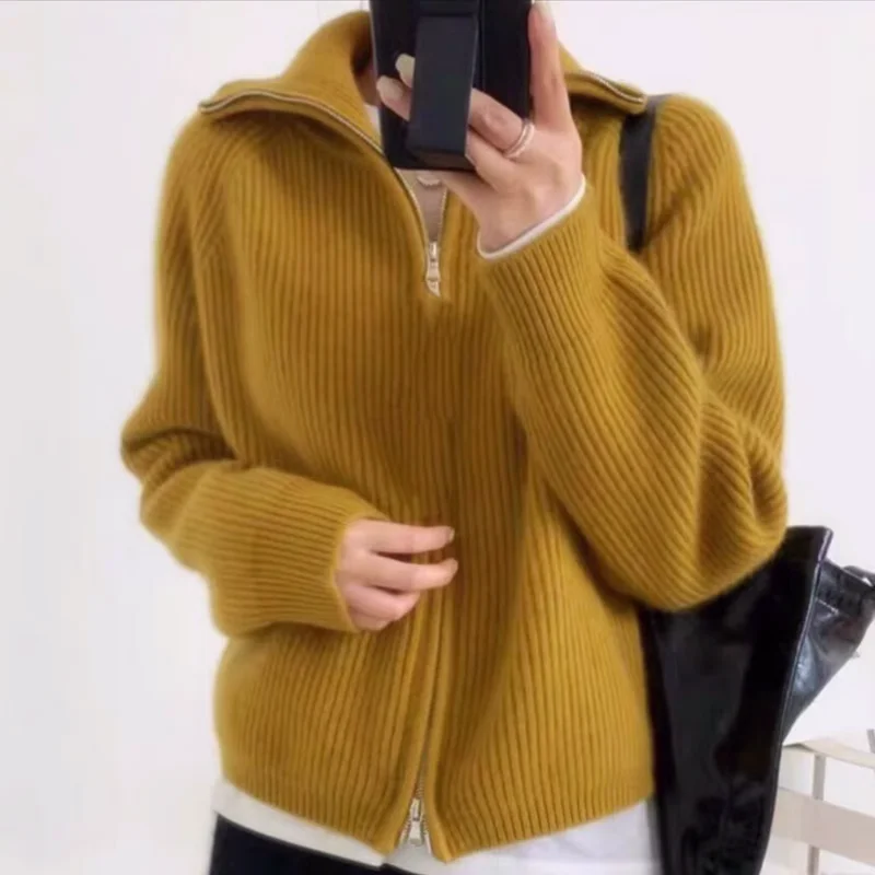 100% 메리노 울 여성용 라펠 지퍼 가디건 가을 겨울 두꺼운 캐주얼 패션 니트 캐시미어 스웨터