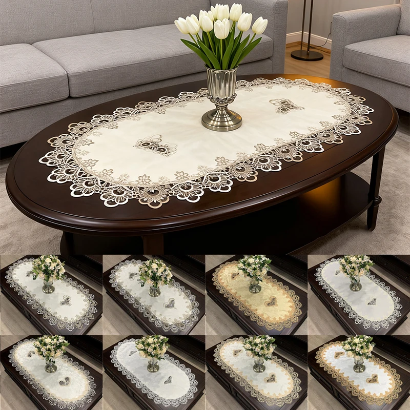 

Europe Embroidered Flower Fabric Tablecloth Oval Table Dining Tea Table Cover Living Room Coffee Table Placemat Home Decoration