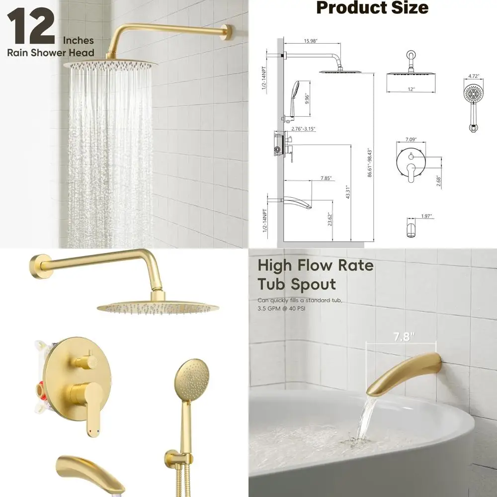 

Wall-Mounted Shower System with Tub Spout, 12 Rain Shower Head and 5-Setting Handheld, Brushed Gold Finish