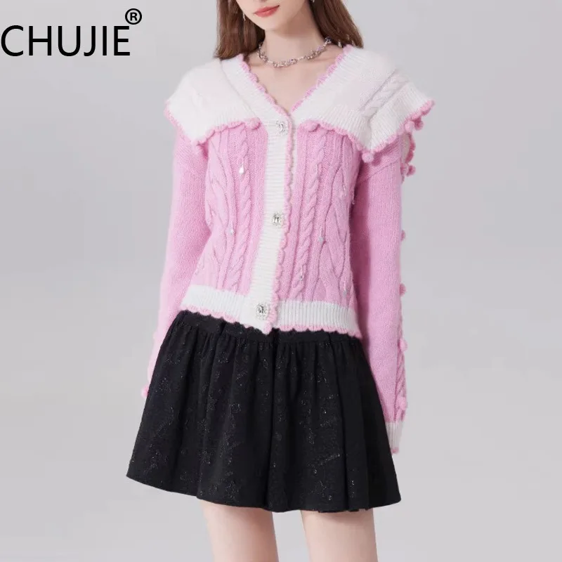 

CHUJIE Fall/Winter 2025 Pink Knit Cardigan, Beaded Button Oversized Collar Top, Colorblock Sweet Feminine Blouse