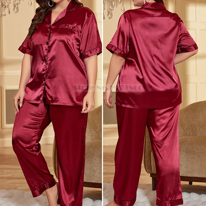 Large Size Female Pajamas Set Spring Summer Silk Satin Sleepwear Trouser Pijamas Suit Loose Casual 2 PCS Shirt&Pant Home Wear