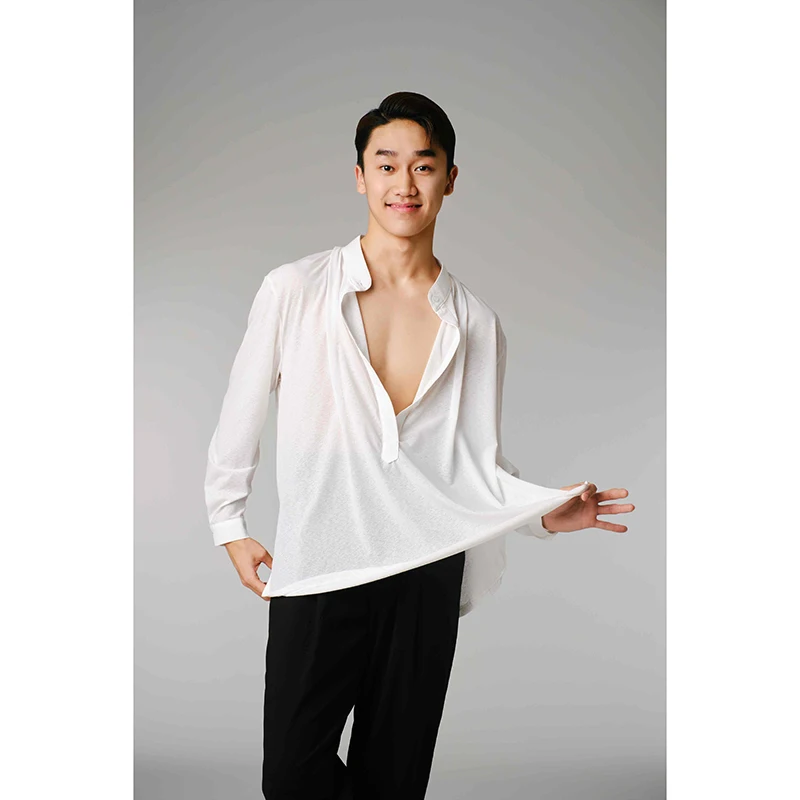 2025 남성용 새로운 라틴 댄스 대회 의류 흰색 긴팔 셔츠 차차 룸바 탱고 성인 라틴 댄스웨어 DQS20660