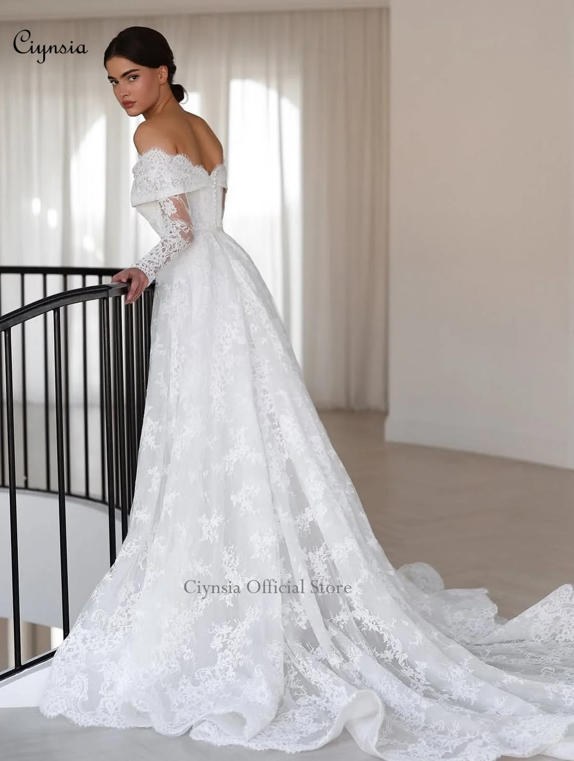 فساتين زفاف دانتيل مكشوفة الكتف وأكمام طويلة على شكل حرف A فساتين زفاف أنيقة للعرائس فيستدو دي نويفا حسب الطلب #4