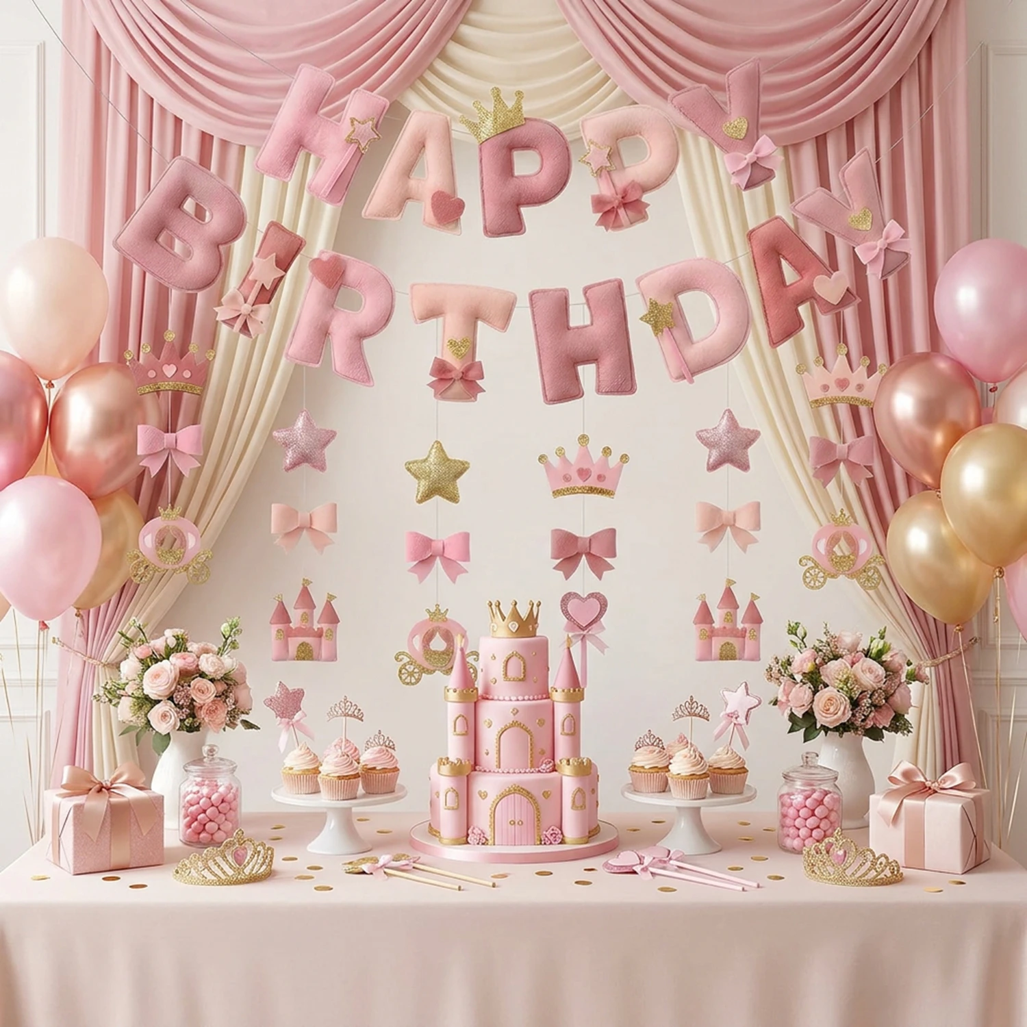 2D Felt Pink Princess Theme Crown Bow Carriage Hanging Spiral Garland Banners Decorations Princess Girls Birthday Baby Party image 3