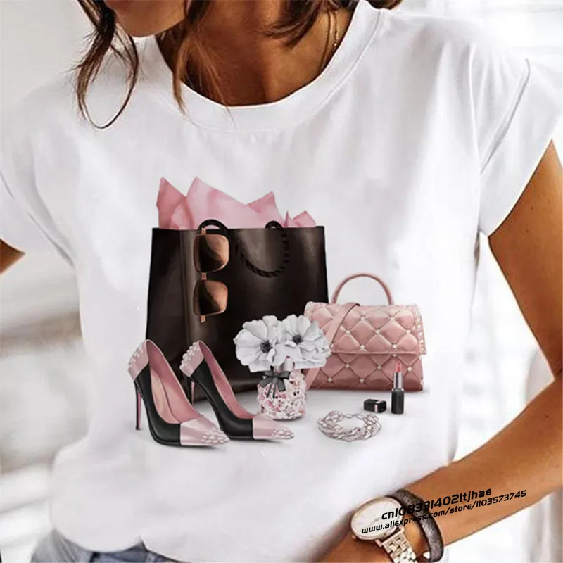 2023 New Ladies Short-Sleeved Printed High Heels Short-Sleeved T-Shirt Summer Trend Y2K Short-Sleeved Casual Shirt