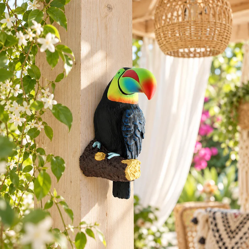 Tropical Toucan Resin Wall Sculpture, Colorful Toco Toucan on Branch Ornament for Patio Tree Living Room Wall Decor Gift