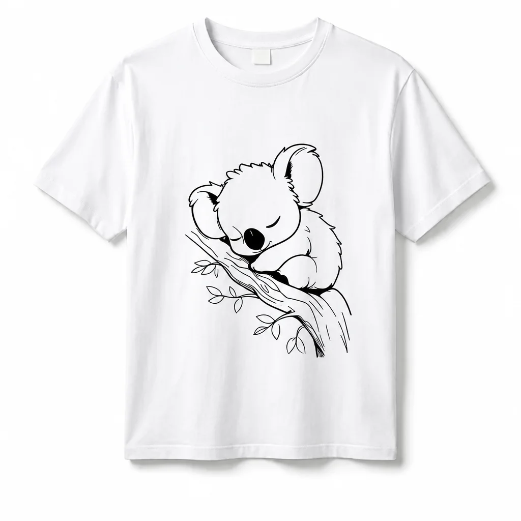 Cute Sleeping Koala Line Drawing T Shirt Women 100% Cotton Crew Neck Short Sleeve Casual Animal Lover Gift Tee