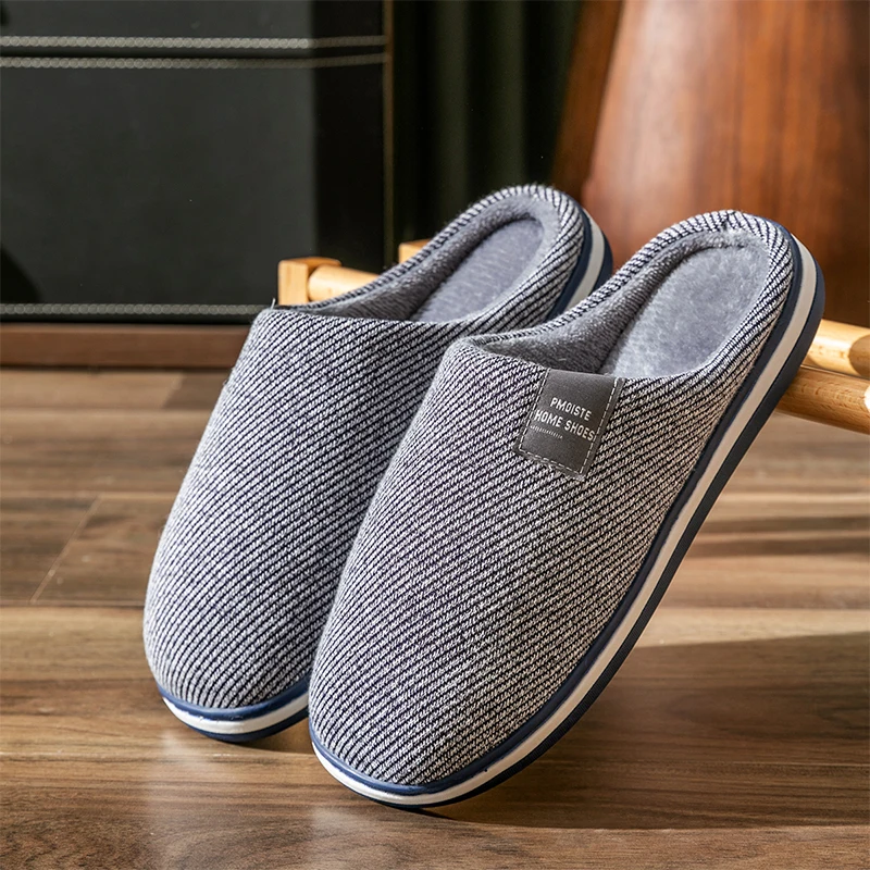 Men\'s Slippers Memory foam Slippers for home 2022 Winter Non-Slip Male House Shoes Stripe Unisex Indoor Slippers Soft Plus Size