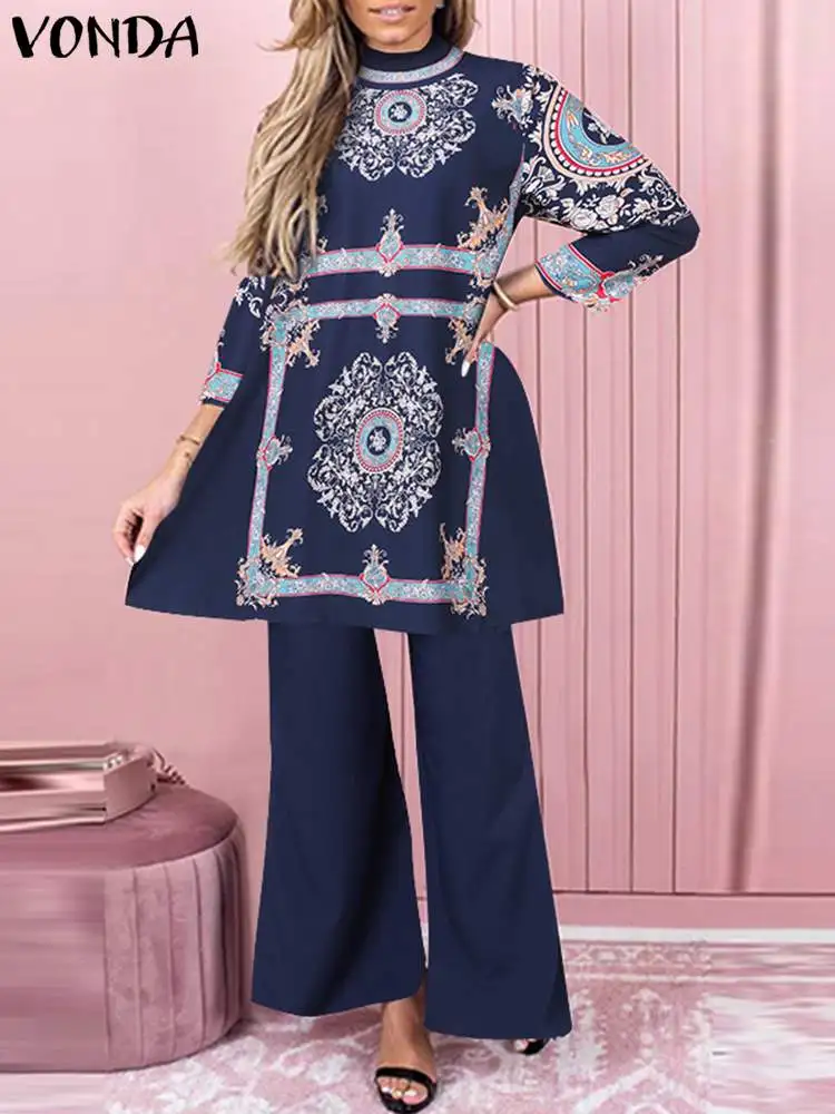 VONDA 2024 Summer Bohemian Women Pant Sets 3/4 Sleeve Stand Collar Vintage Printed Tops Wide Leg Pants 2pcs Casual Loose Suit