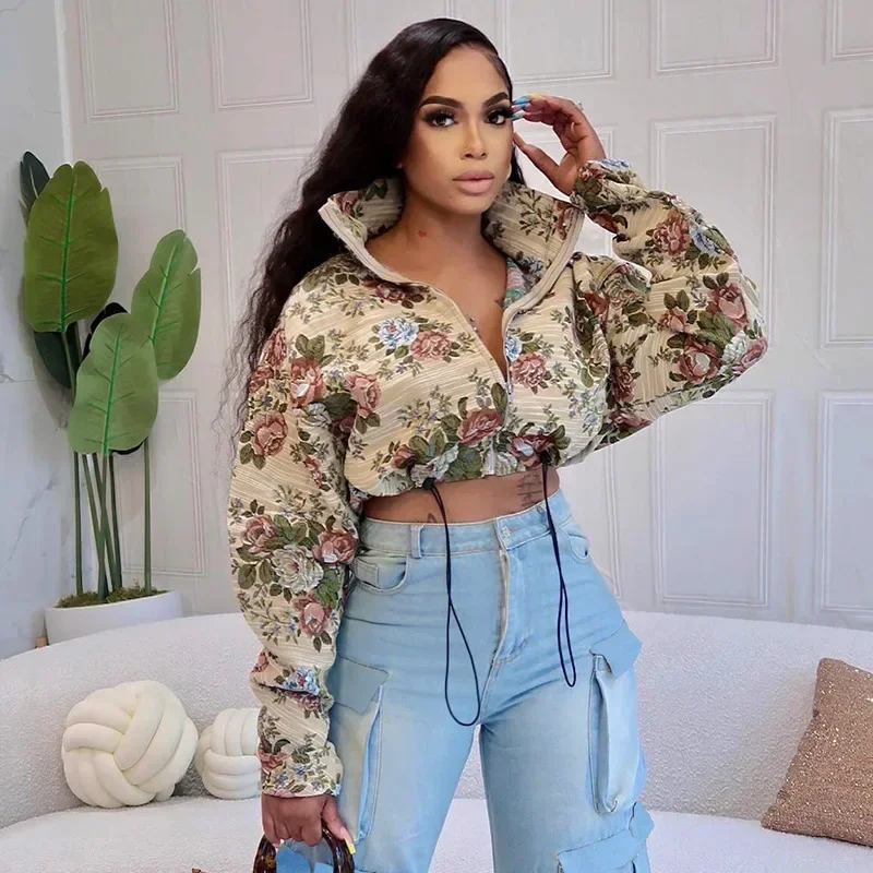 

Flowers Jacquard Drawstring Zip Up Cropped s and Coats Women Vintage Clothing Spring