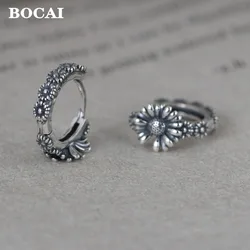 BOCAI Real S925 Silver Jewelry Retro Small Design Personality Woman Earrings Fashion Sunflower Stud Earrings Holiday Gifts