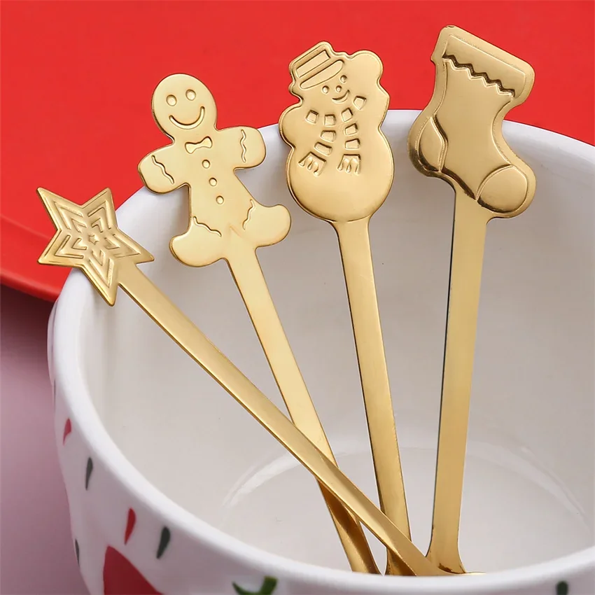 4Pcs Gold/Silver Christmas Coffee Spoons with Gift Box Stainless Steel Gingerbread Man Dessert Spoons Cutlery Spoon Xmas Gift