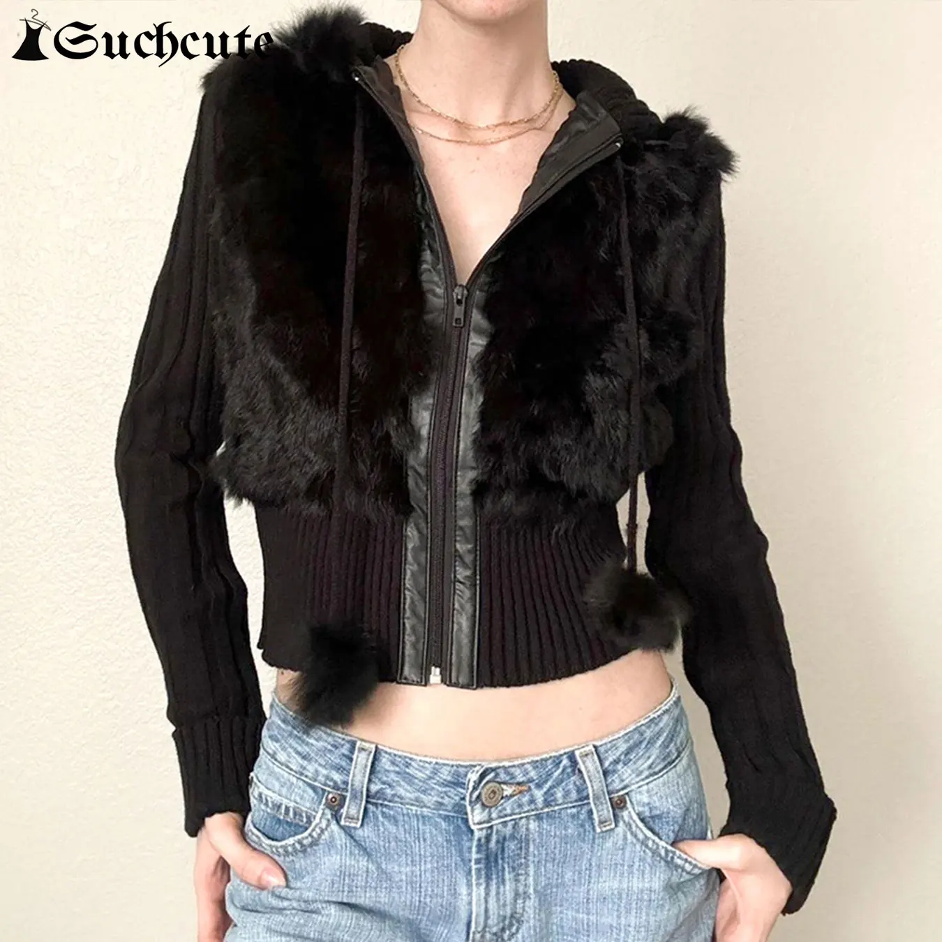 SUCHCUTE Black Fake fur Collar Hoodies Zip Up Jacket Full Sleeve Hooded Sweatshirts Women Winter Coat vintage Slim Outwear 2024