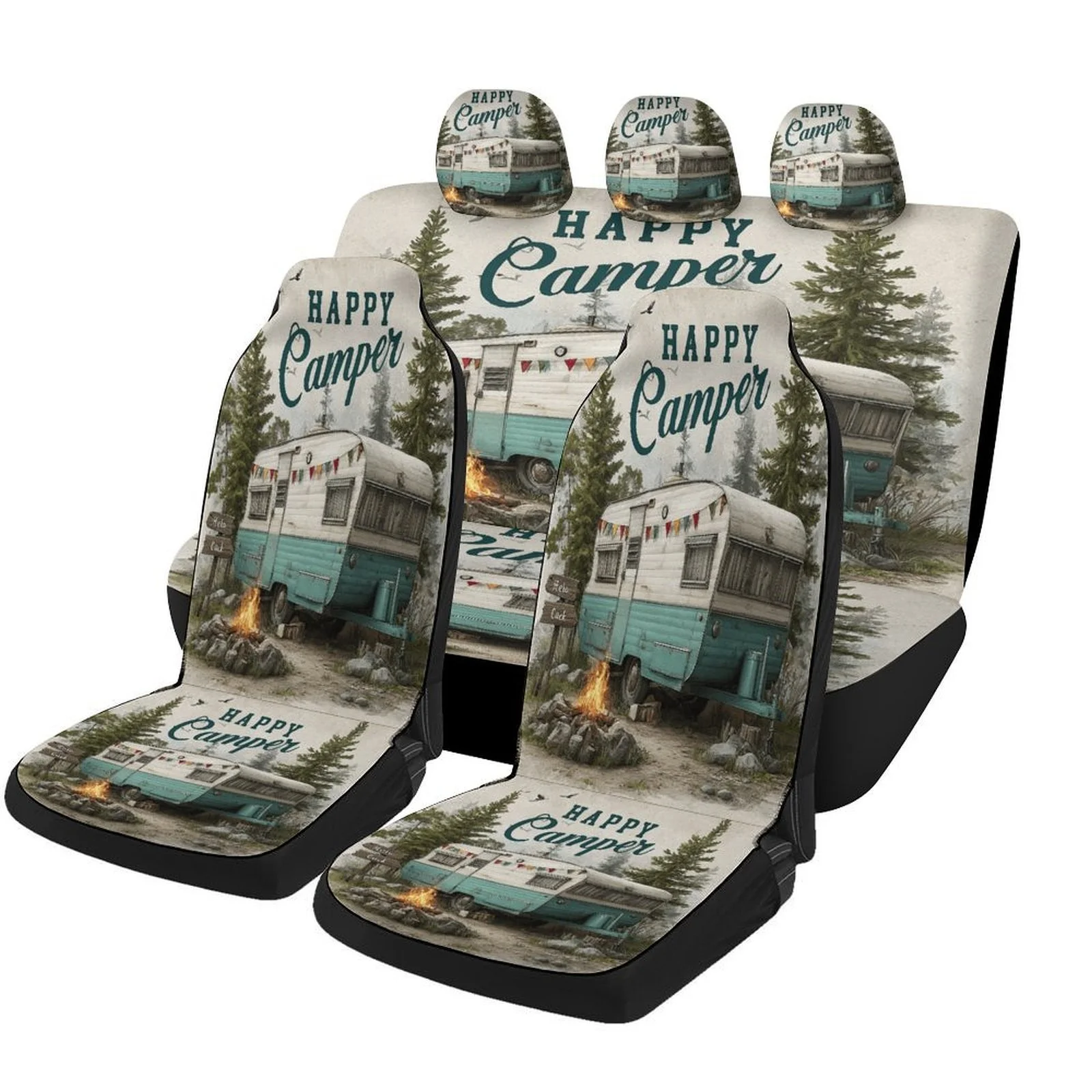Happy Camper Retreat Car Seat Cover Set For Most Vehicles - Heavy-Duty For All-Season, Camper-Themed Design (Tents/Forest) For 2