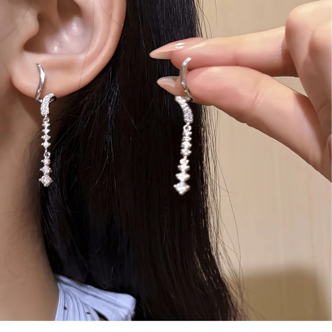 925 Sterling Silver Moissanite Long Drop Earrings, Curved Ear Climber with Linear Moissanite Tassel,  Fine Jewelry for Women