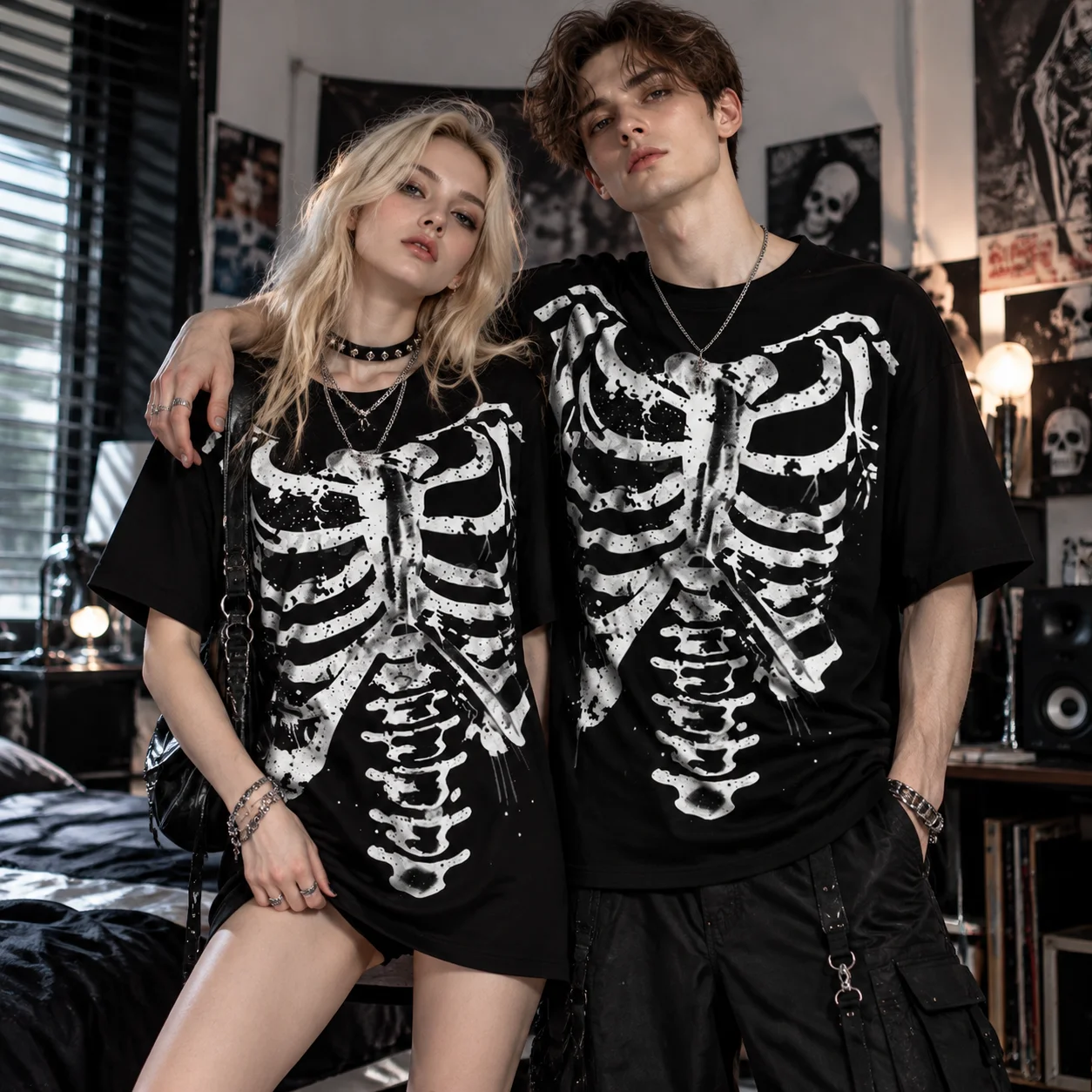 2026 Halloween Skeleton Ribcage 3D Print T-Shirt Gothic Splatter Bone Graphic Short Sleeve Unisex Oversized Casual Tee Men Women