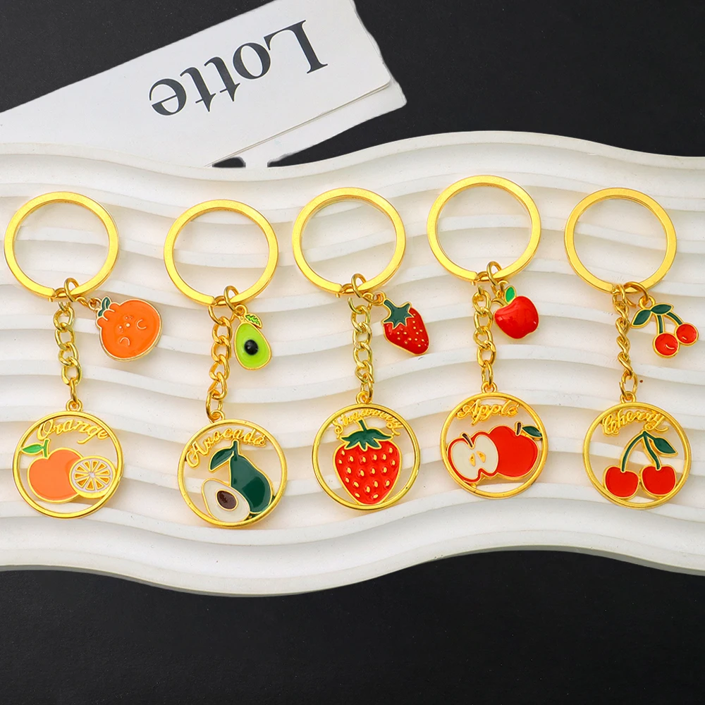 Creative Cherry Strawberry Oranges Avocado Keychain Gold Color Fruit Pendant Alloy Keyring Children Backpack Decor Friend Gift