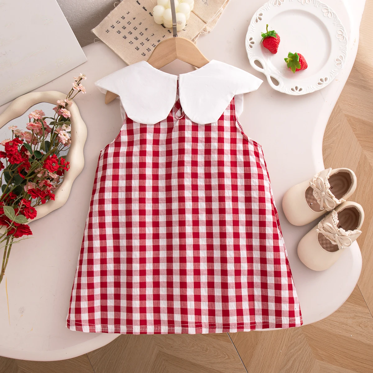 Girls Dresses Summer Cotton Red Checkered Strawberry Pattern Sleeveless Baby Girl Dress Cartoon Cute Casual Baby Girl Clothing