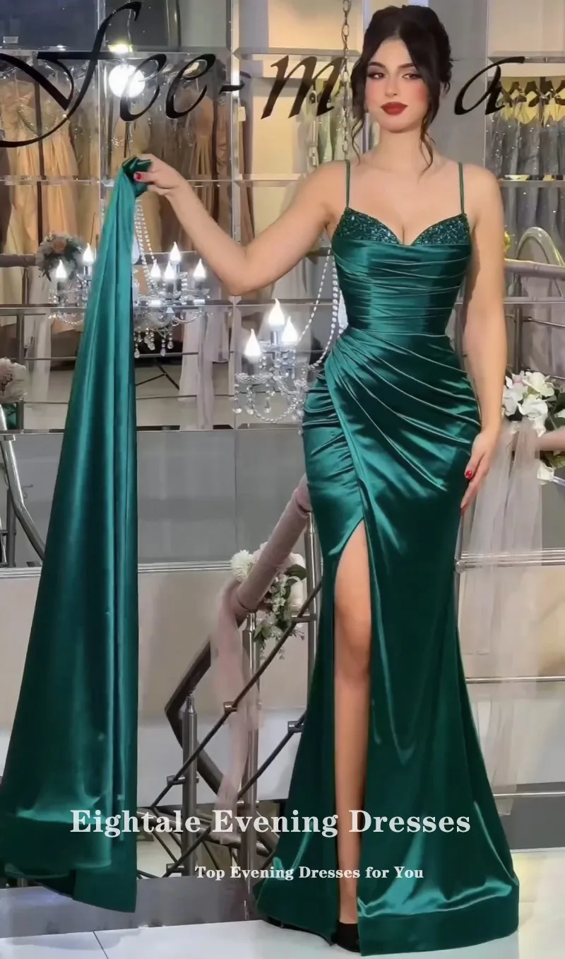 Eightale Emerald Green Evening Dress Spaghetti Strap Customized Beaded Side Split Prom Wedding Party Gown Satin Robes De Soirée