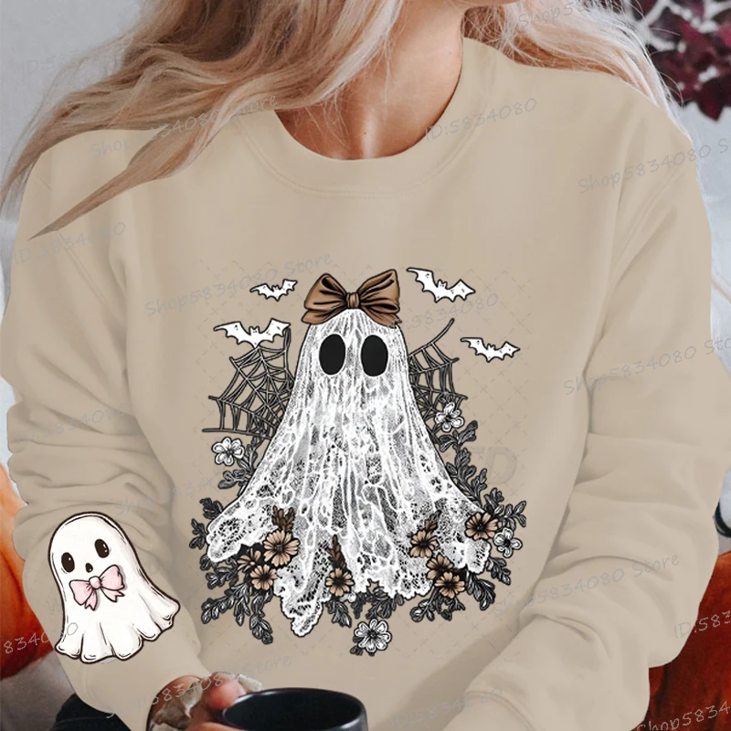 เสื้อสเวตเตอร์ลูกไม้ผีน่ารักฮาโลวีนจัมเปอร์ลายดอกไม้ผีสุดหลอนฤดูกาลเสื้อสำหรับผู้หญิงใหม่ฮาโลวีนเสื้อคลุมมีฮู้ดผีน่ารัก