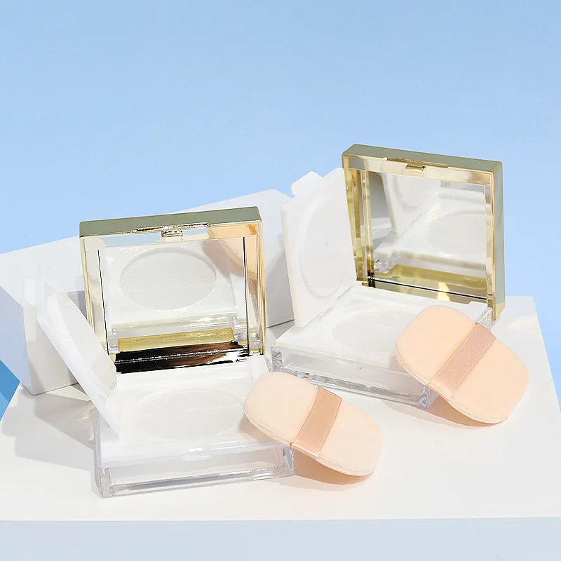 8g Square Loose Powder Box with Gold Trim, Flip Top Elastic Mesh Sifter, Refillable Empty Compact