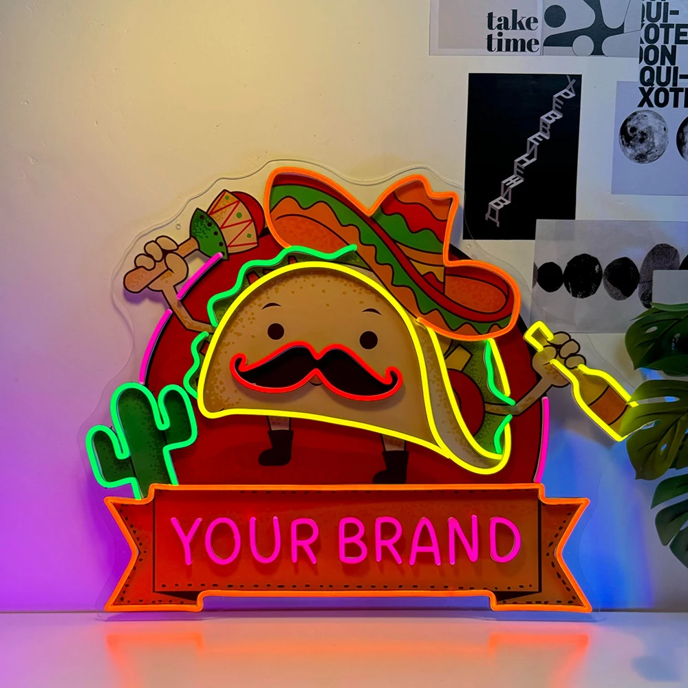 Mascot Tacos Neon Sign Light Personalized Restaurant Wall Art Neon Mexican Taco Food Shop Decor Kitchen Hanging Led Sign