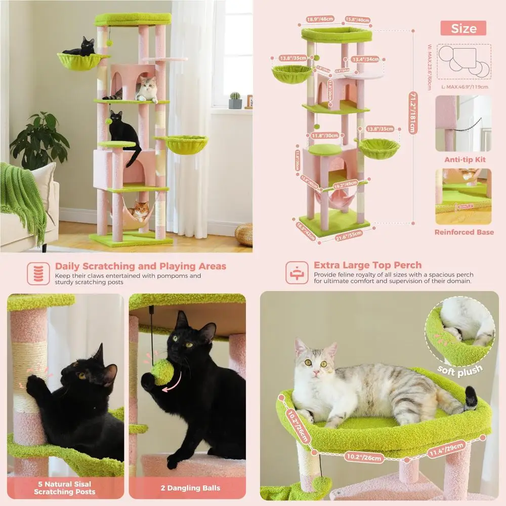 شجرة قطط كبيرة بطول 70 بوصة مع أرجوحة، و5 أعمدة للخدش، و2 كوندوز، وأعلى جثم للقطط الكبيرة - سنت ترفيهي متين