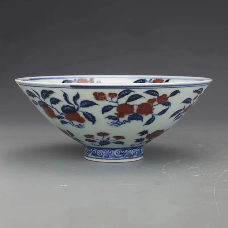 Ming Dyansty xuande blue and white underglaze red flowers bamboo hat bowl antique collection of authentic old objects