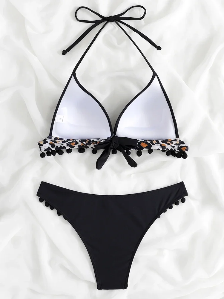 Bikini 2025 New Swimwear Women Swimsuit Tassel Black Ball Leopard Bikinis Set Push Up Bathing Suit Summer Brazilian Beach Wear