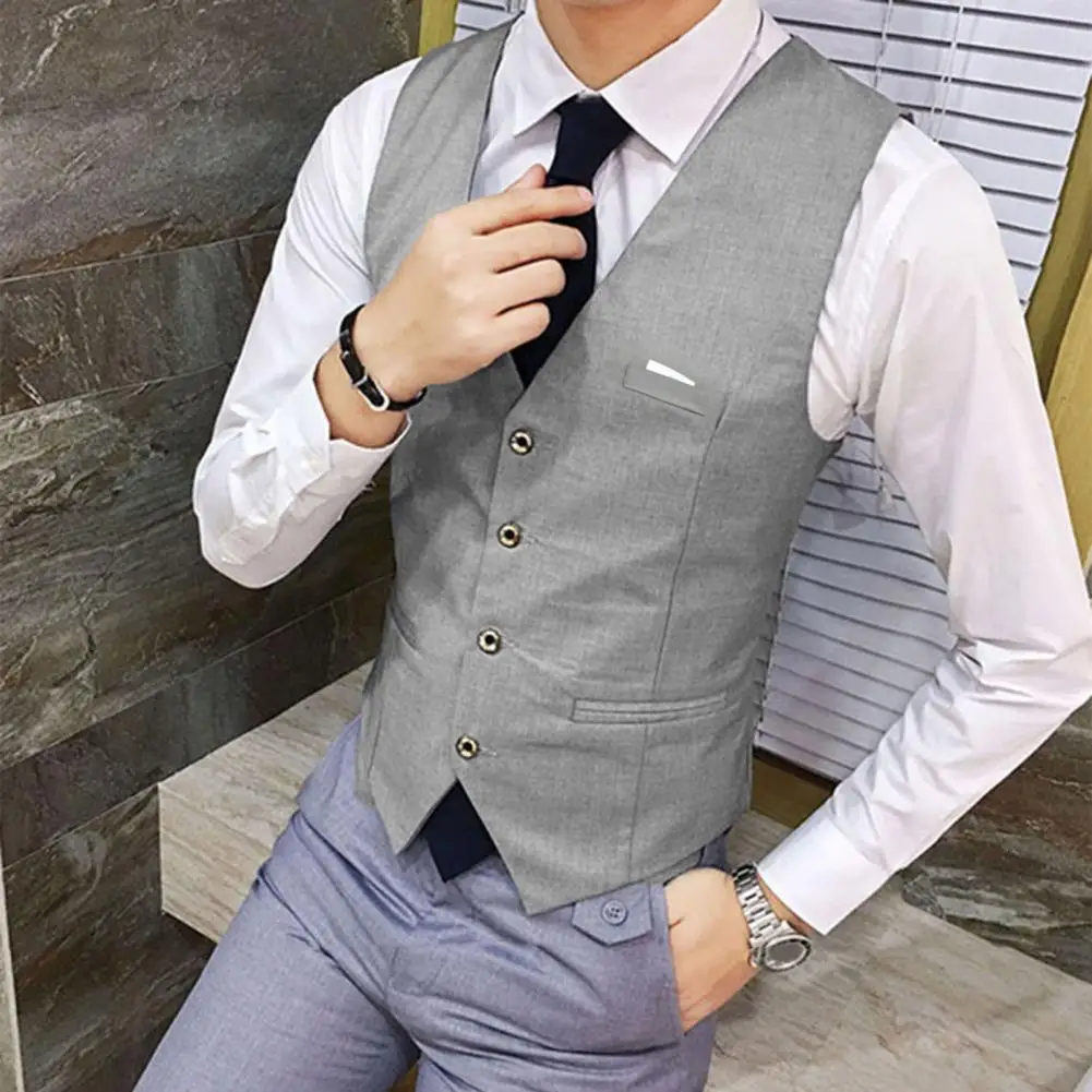 Fake Pockets Waistcoat Men Waistcoat Elegant Men's V-neck Suit Vest for Formal Business Wedding Events Slim Fit Single-breasted