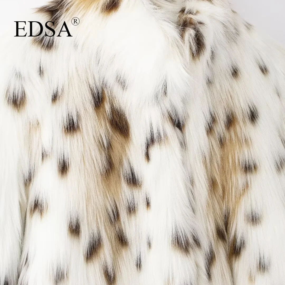 EDSA Women Luxury Faux Fur Jacket Leopard O-neck Full Sleeves Female Open Stitch Autumn Winter High Street Loose Warm Lady Coat