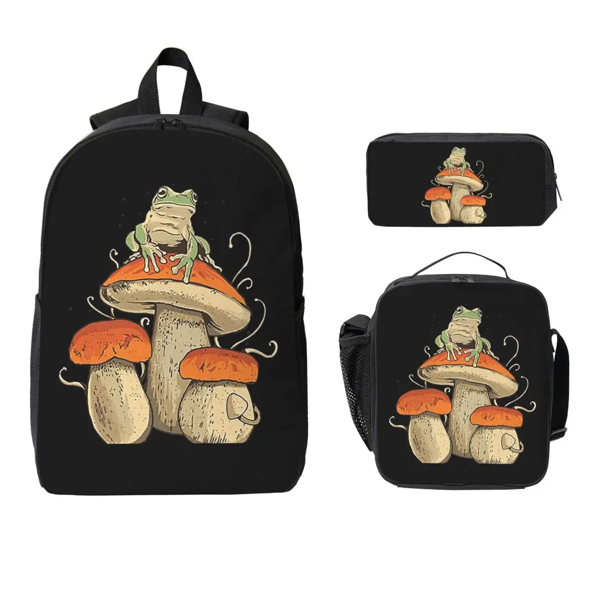 

Boho Mushroom Frog Backpack Boys Girls BookBag School Bag Laptop Shoulder Bags 3ps Insulated Lunch Bag Pencil Case