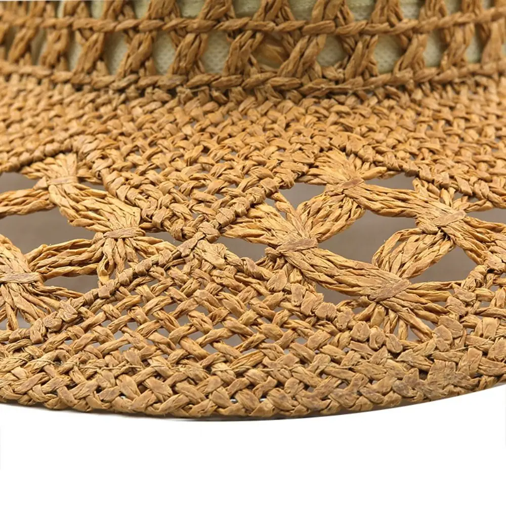 Classic Wide Brim Hollow Straw Hat Curled Handmade Western Cowboy Cap Woven Sunscreen Sun Hat Sport