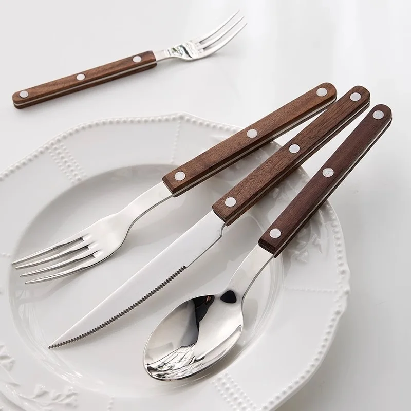 

Western Tableware Set Vintage Teak Glossy Matte Western Tableware Stainless Steel Knife, Fork and Spoon Cultery Set