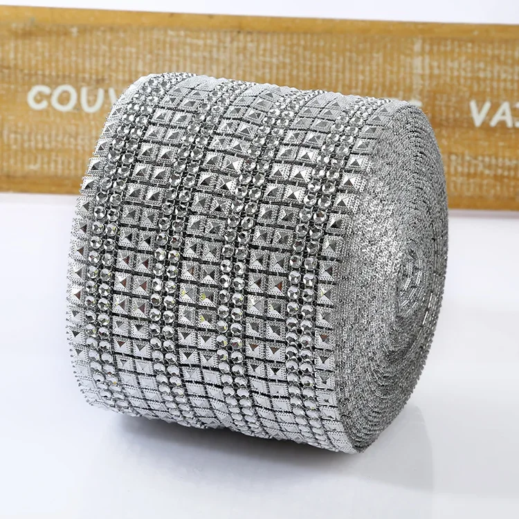 1 Yard 8 Rows White Pyramid Sparkle Rhinestone Crystal Diamond Mesh Wrap Roll Ribbon