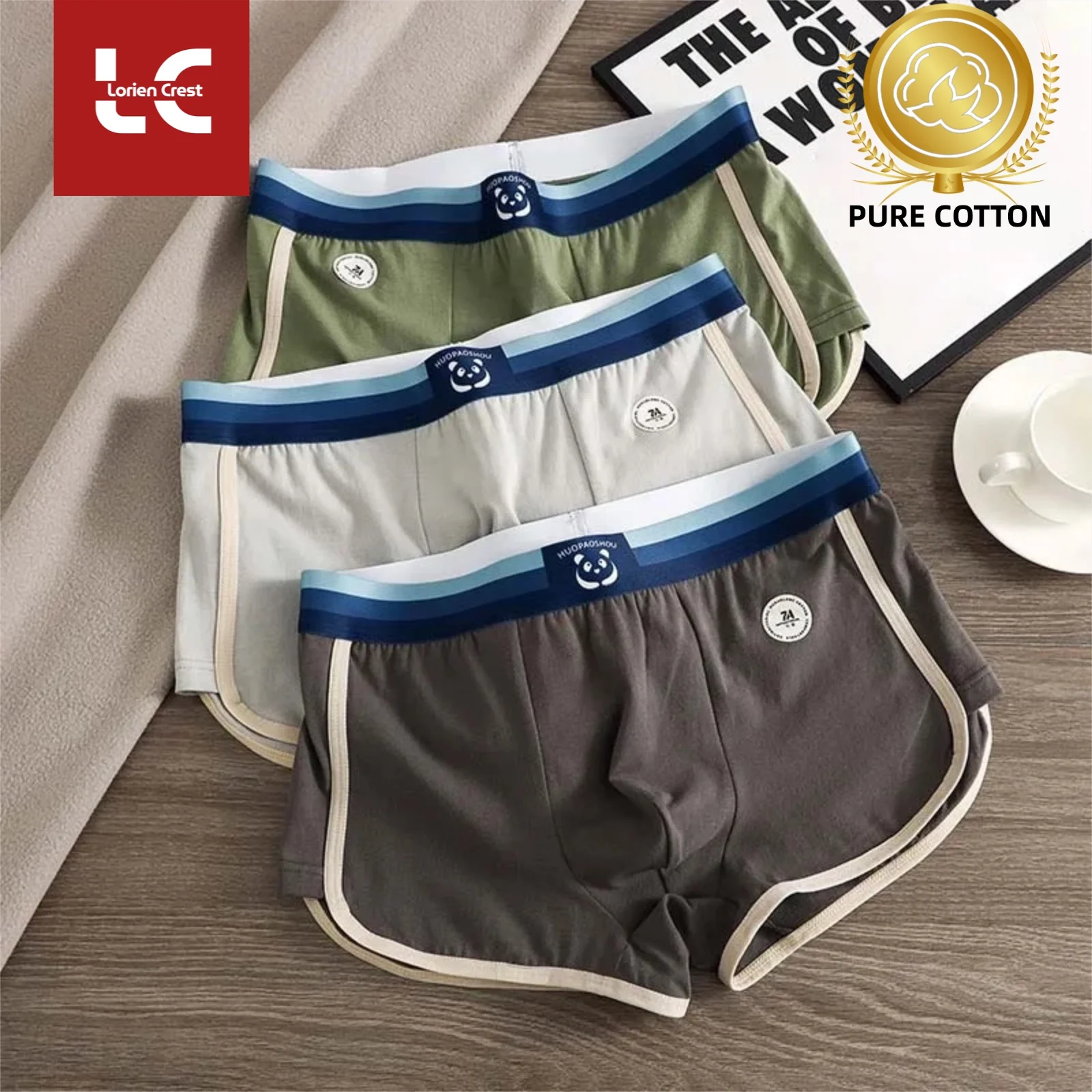 3pcs【Lorien Crest】Pure Cotton Men's Boxer Briefs (M-4XL) Comfort Waist Contrast Trim Breathable Daily Underwear