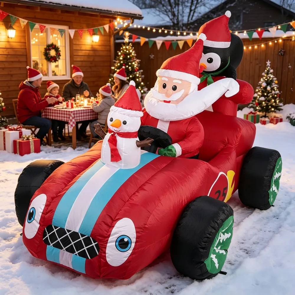 2.4M Christmas Inflatable Santa Race Car With Snowman Penguin LED Light Blow Up Decoration Yard Lawn Xmas Holiday Outdoor Decor