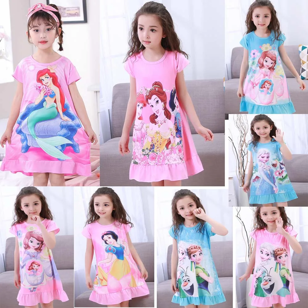Nuova estate per bambini Cartoon Girls Sirena Frozen Dress Sleepwear Princess Girls Stampa Camicie da notte Abiti da festa per bambini Pigiama