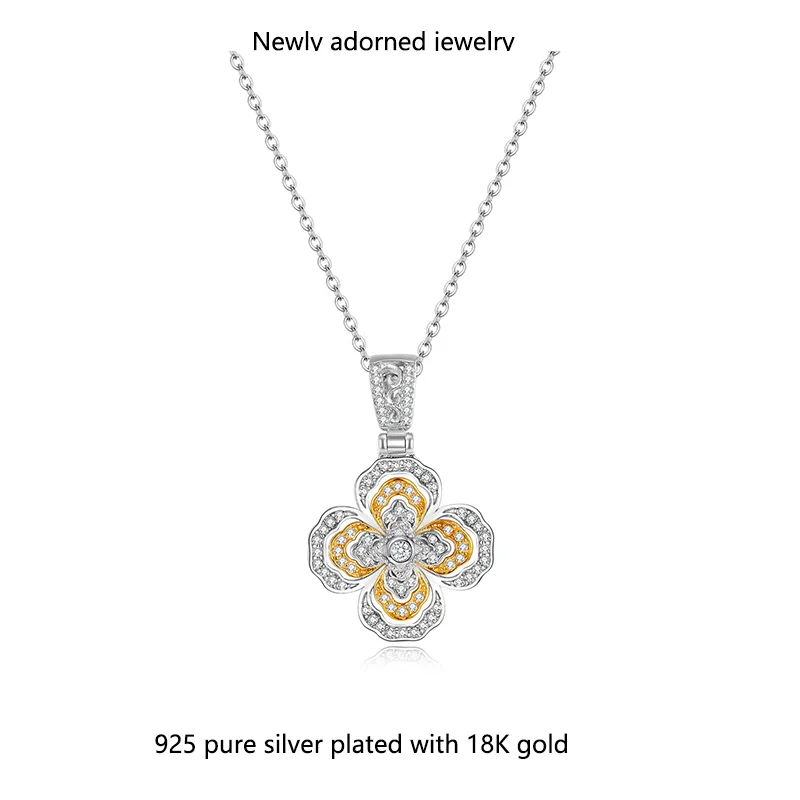 

A four-leaf clover pendant necklace for women, featuring cubic zirconia set in S925 silver, with color variations, inspired by E