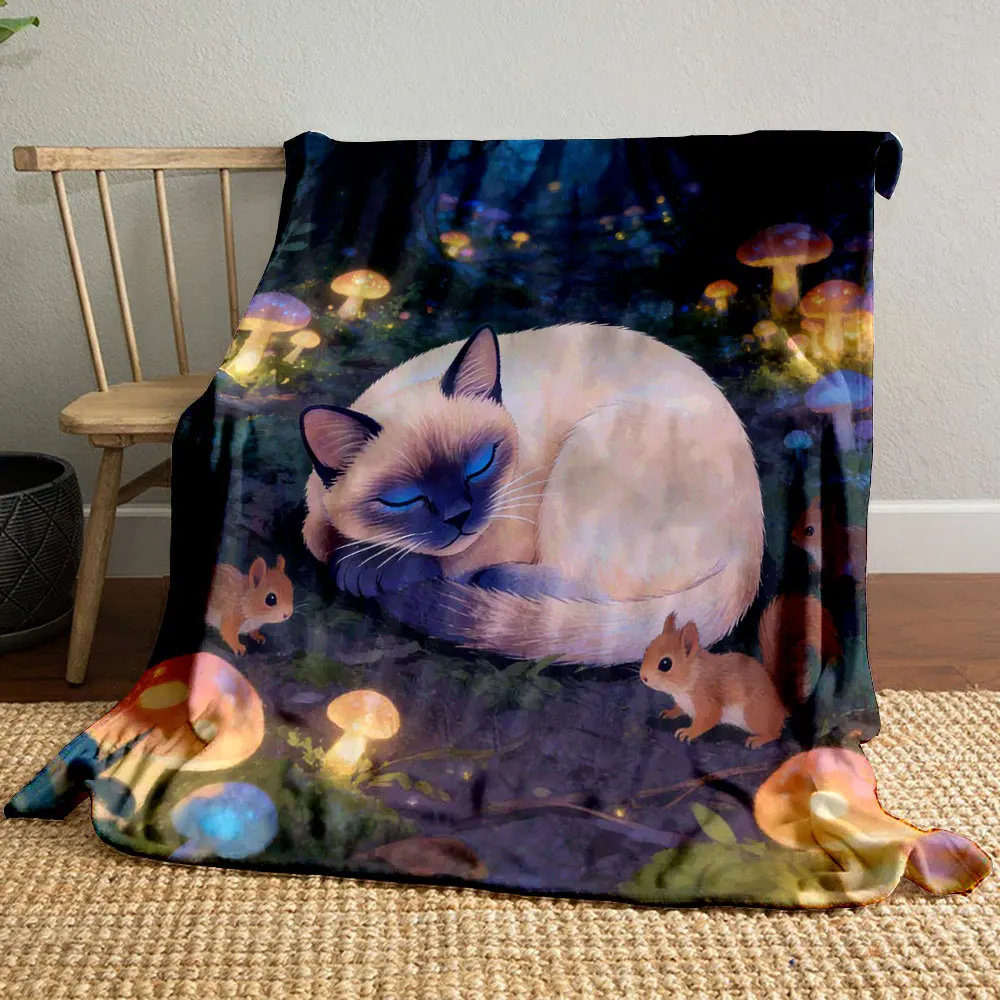Multi-Size Siamese Cat Fantasy Forest Theme Print Blanket Home Travel Camping for Adults and Kids Luxury Gifts Picnic Blanket
