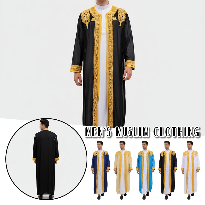 

Men's Islamic Thobe Muslim Long Robe Cotton V-Neck Embroidered Modest Prayer Outfit for Ramadan Eid Daily Wear Gift