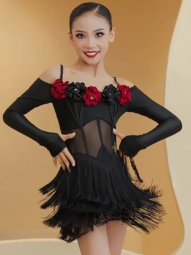 Children Flower Cutout Shoulder Mesh Tassels Latin Dance Practice Dress Kids Girls Rumba Chacha Performance Competition Costume