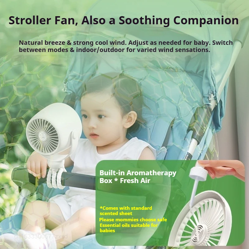 Baby Stroller Fan Adjustable Portable Clip Fan with Auto Oscillate Night Light Aroma Box USB Rechargeable Cooling Fan for Crib