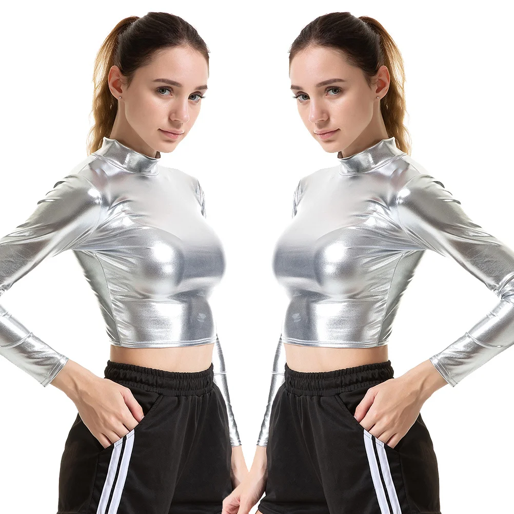 

Silver Sexy Solid Color Bustier Patent Performance Costume Long Sleeve Nightclub Stage Apparel Women Size Xxl Shiny