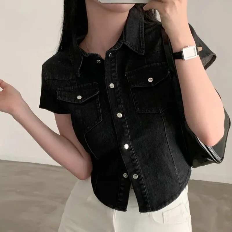 Neploe Fashion Vintage Lapel Neck Denim Shirts Coat Women 2025 Summer New Slim Fit Tops Mujer Y2k Short Sleeve Jean Jackets