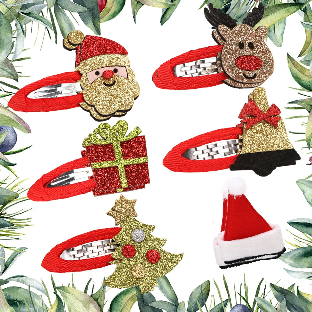 

6pcs Clips Snowman Elk Shape Felt Fabric Sequin Barrette Hair Pins Headwear Hair Accessories