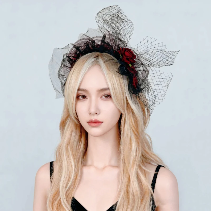 Women Witch Headdress with Vintage Mesh Veil, Decorative Headband, Party Hair Accessory for Halloween Xmas New Year Cosplay