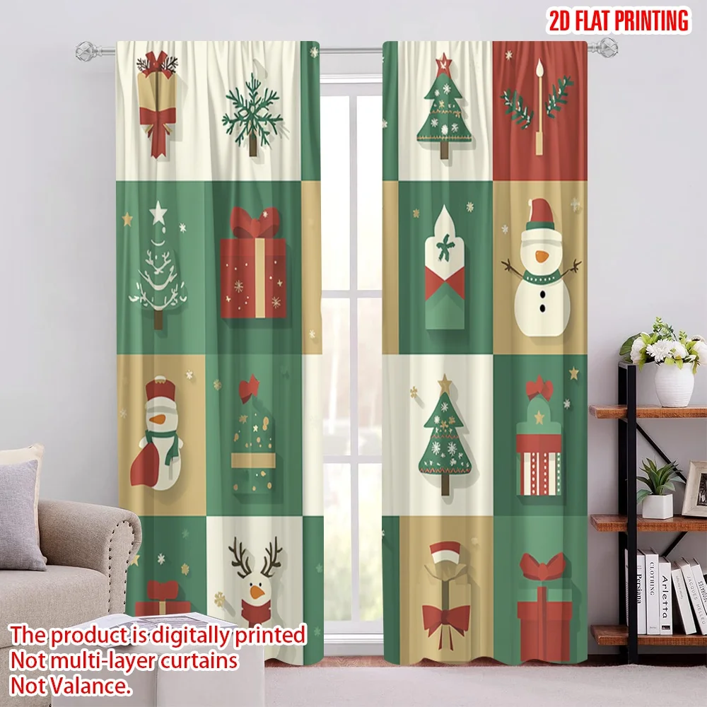2pcs,2D plane printing Curtains Digital Printed Christmas Tree Snowman Reindeer Gift (2) Versatile Fabric (without rod) All